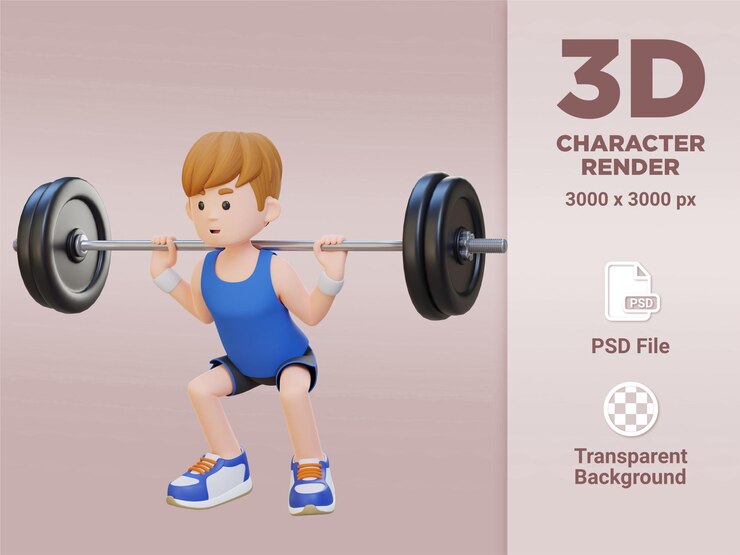 PSD 3d sportsman character building fuerza de la parte inferior del cuerpo con entrenamiento de sentadillas con barra