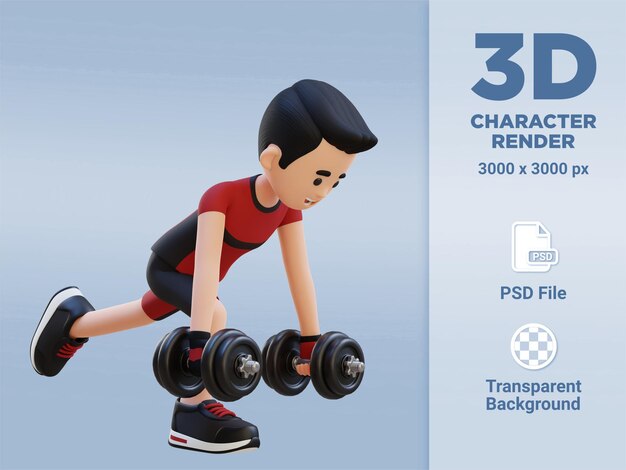 PSD 3d sportsman character performing dumbbell single leg deadlift à droite