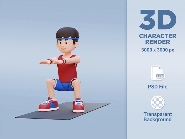 PSD 3d sporty male character mastering squats in home gym