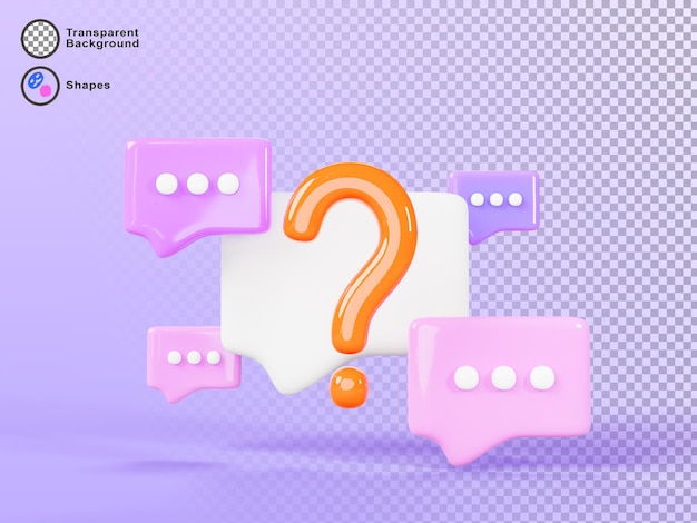 3D-Sprachblasen mit Fragezeichen renderen Chat-Nachrichten-Symbole Zeichen von FAQ-Dialog mit Unterstützung Gesprächsfelder quadratische Formen für Dialog Gespräche Kommentare auf lila Hintergrund