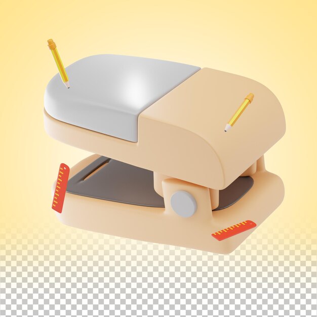 3D-Stapler-Symbol Bürogeräte-Illustration mit kleinem Bleistift und Lineal