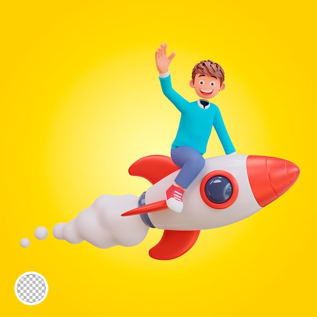 3D-Studentenfigur fliegt auf einer Rakete