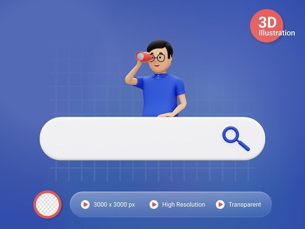 PSD 3d-suchleiste mit einem mann, der ein fernglas trägt