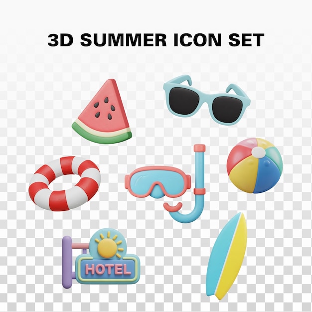 3D Summer Icon Set for Vacation and Travel