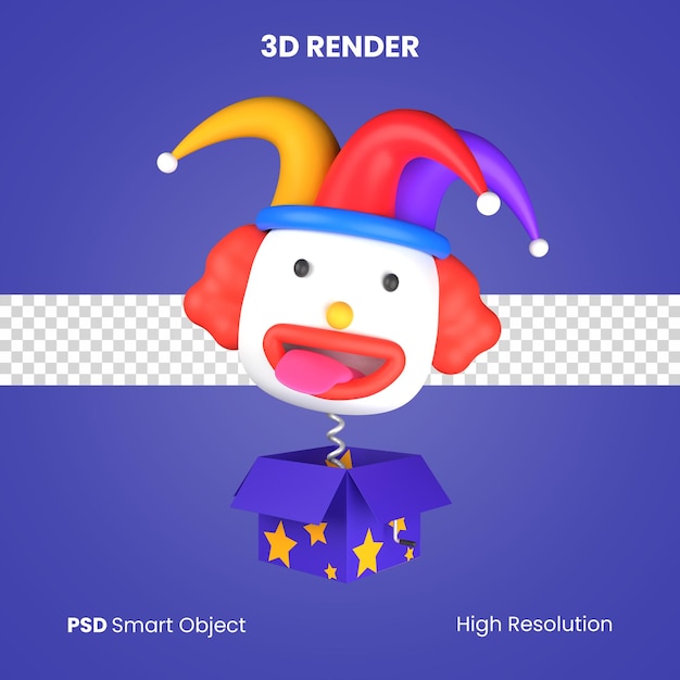 PSD 3d surprise box clown head zombando expressão april fools rende isolado