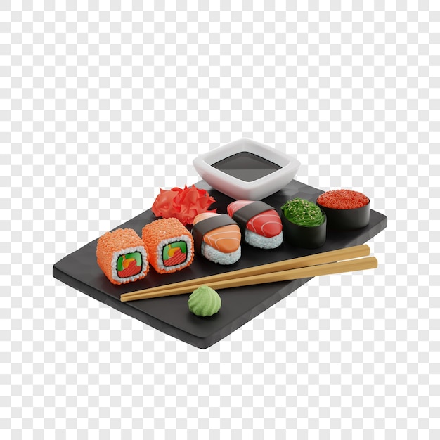 3d sushi y rollos de tres tipos rollos gunkan nigiri sobre una pizarra negra junto a los palillos