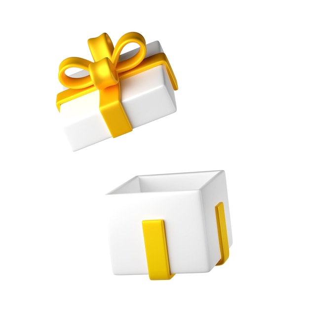 PSD 3d-symbol aus weißer, offener weihnachtsgeschenkbox mit goldener schleife, transparent. rendern sie moderne feiertage