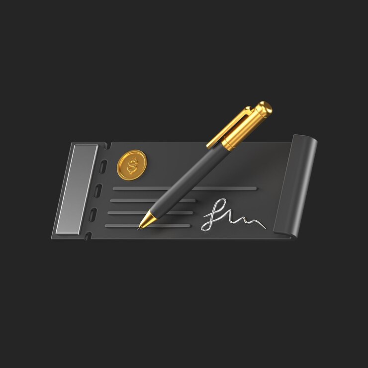 PSD 3d-symbol eines schwarzen bankschecks und eines gold-schwarzen stifts