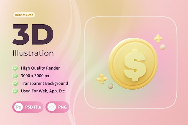 3D-Symbol für Wirtschaft und Finanzen, Münze, verwendet für Web, App usw