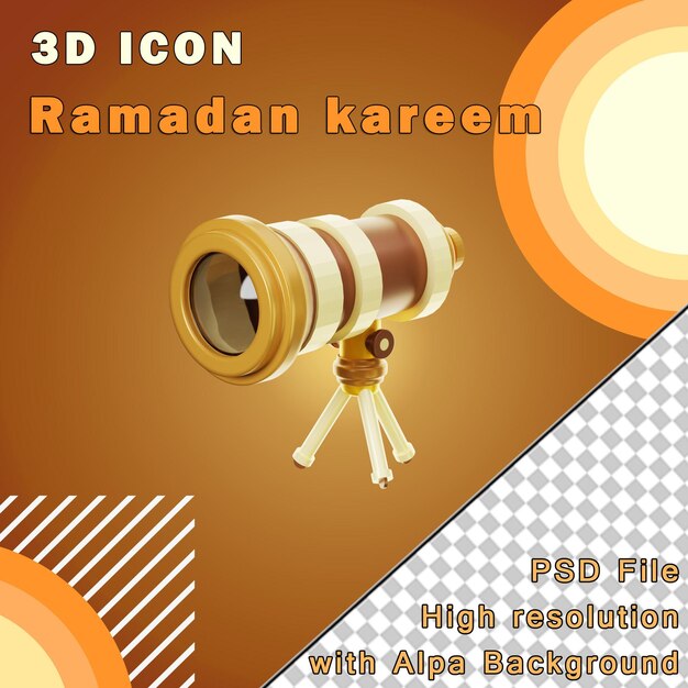 PSD 3d-symbol ramadan-teleskop aus drei blickwinkeln auf transparentem hintergrund
