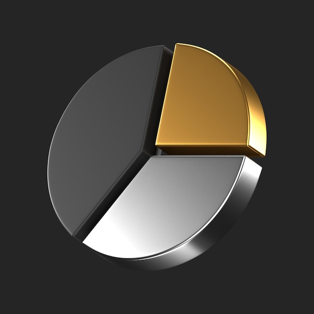 3D-Symbole eines Kreisdiagramms in Gold, Silber und Schwarz