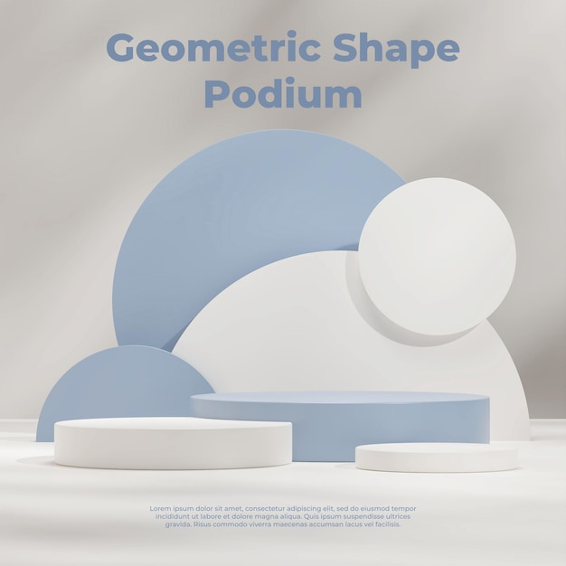 3d template mock up of white and blue podium in square with sun shadow and white wall background