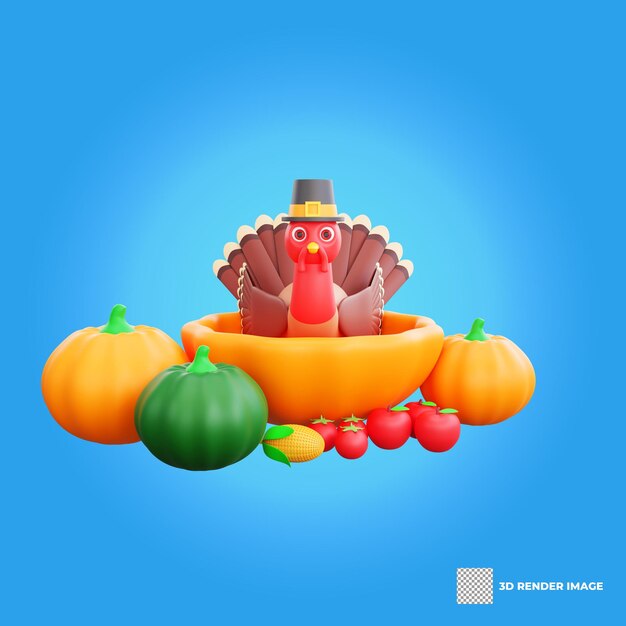 3d Thanksgiving Turkey dentro da abóbora e vegetais ao redor