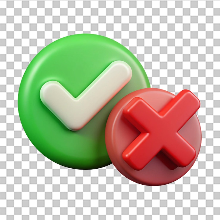 PSD 3d tick verde y iconos de cruz roja okyesno elementos diseño gráfico derecha marca de comprobación símbolo aceptado y rechazado ilustración de estilo de dibujos animados aislada en fondo blanco renderización 3d