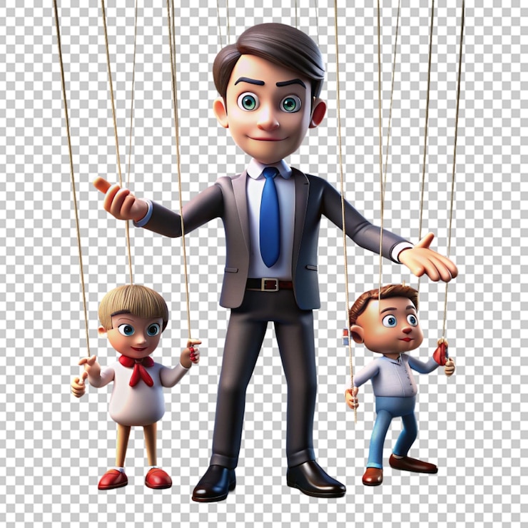 PSD 3d titiritero de dibujos animados que controla la cuerda de la marioneta