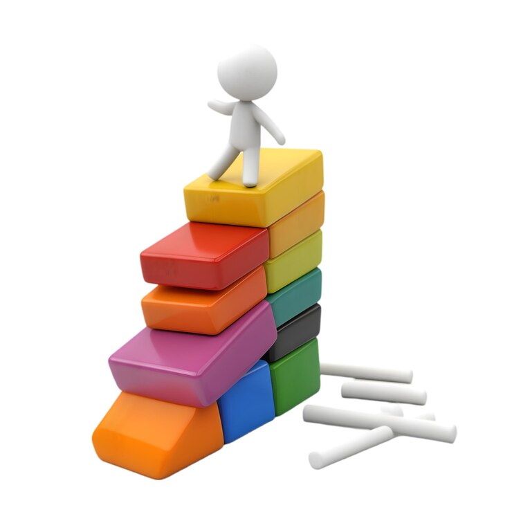 PSD 3d toy character climbing colorful stairs made of blocks with loose parts