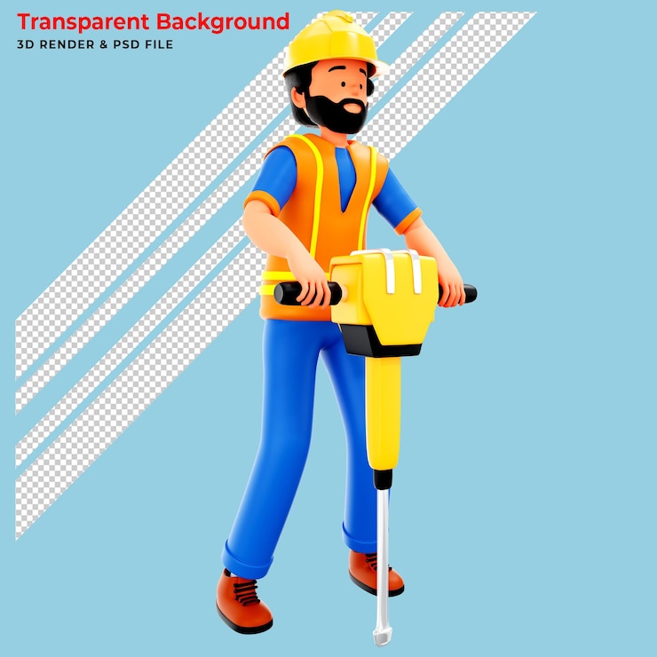 PSD 3d trabajadores trabajador de la construcción con un martillo hidráulico de mano