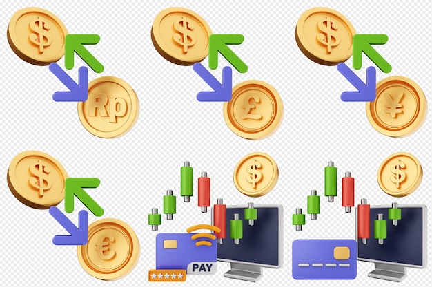 3d trading finance dinero icono conjunto paquete