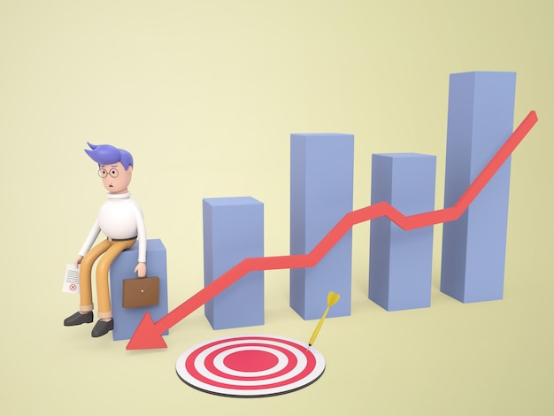 3d trauriger geschäftsmann sitzt auf dem diagramm