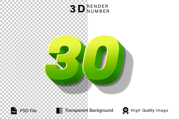 3d Treinta Número 30 verde con color limón aislado sobre un fondo transparente
