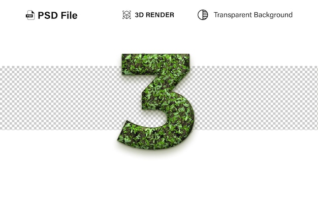 3d Tres Número 3 efecto de hierba aislado en fondo transparente