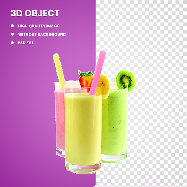 PSD 3d três variedades de sucos de sabor smoothie milkshake juice raw foodism shake de saúde