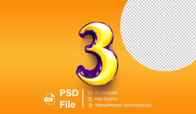 3d Trois Numéro 3 Couleur jaune vif et pourpre isolée sur un fond transparent