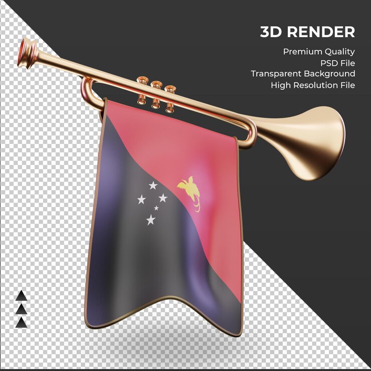 PSD 3d trompete, bandeira da papua-nova guiné renderizando a vista esquerda
