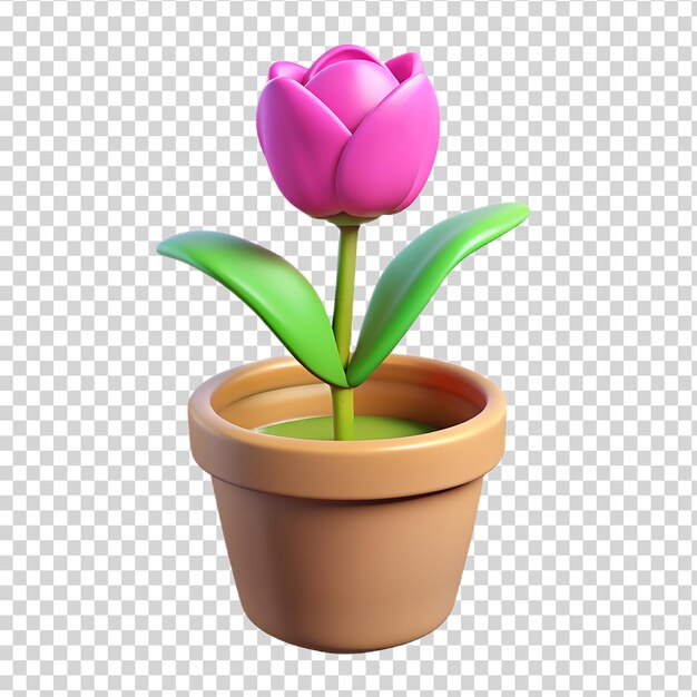 3d un tulipán rosa en una olla de flores aislado en un fondo transparente