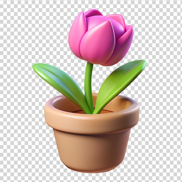 PSD 3d un tulipán rosa en una olla de flores aislado en un fondo transparente