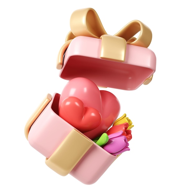3d-tulpenblumenstrauß mit herzen in rosa geschenkbox im cartoon-stil zur dekoration liebe valentinstag
