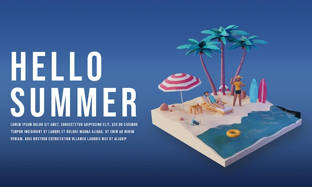 3d übertragen von hallo sommerbanner mit menschencharakterdesign Premium Psd