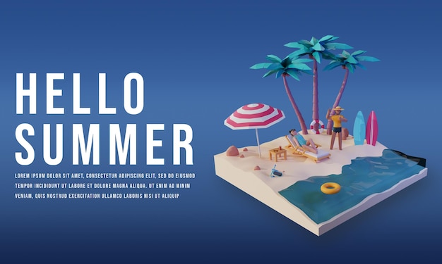 PSD 3d übertragen von hallo sommerbanner mit menschencharakterdesign premium psd