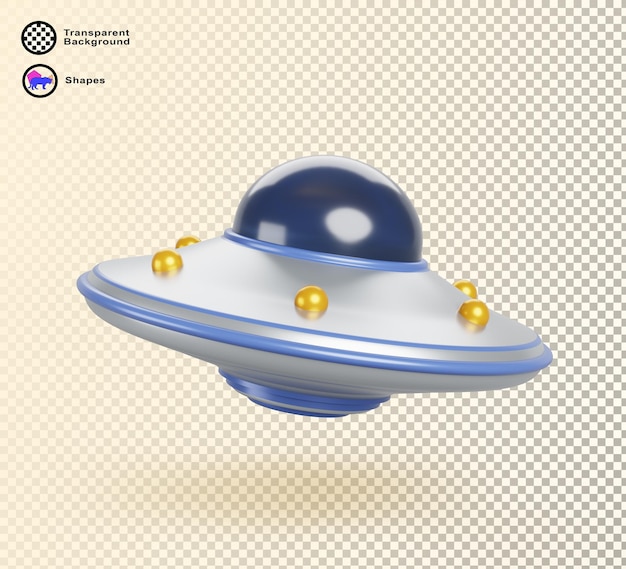 3D-Ufo-Alien-Raumschiff-Cartoon-Rendering-Symbol Futuristisches Raumschiff mit gelben Glühbirnen Lustige silberblaue Untertasse für Entführung Spieldesignelement unbekanntes fliegendes Objekt