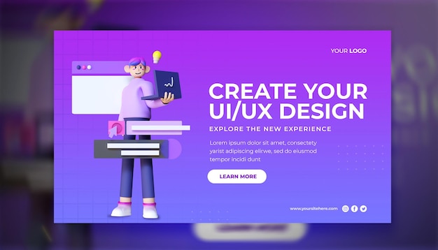 PSD 3d-ui-ux-design-banner-landing-page-vorlage mit social-media-symbol