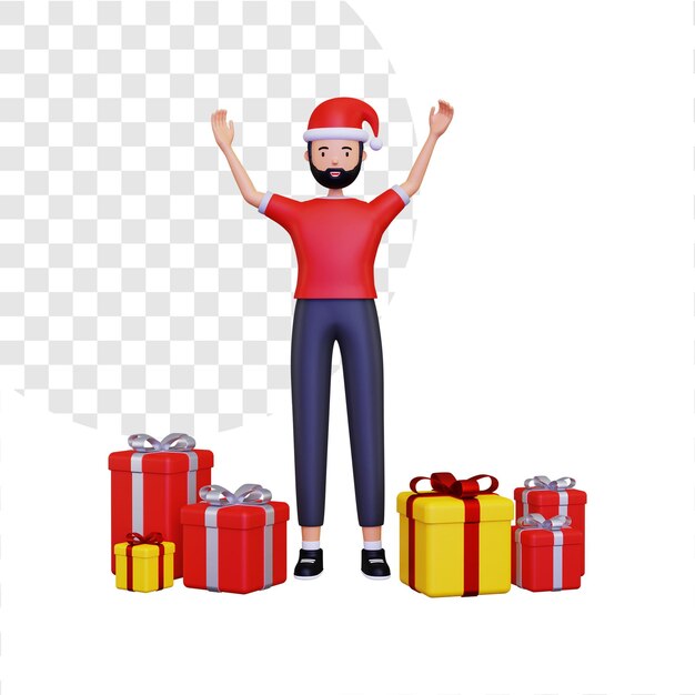 3D Um homem feliz comemorando o Natal com uma caixa de presente