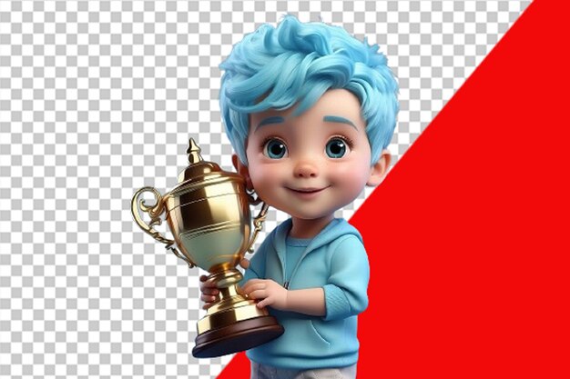PSD 3d um menino bonito com cabelo azul-céu segurar um troféu.