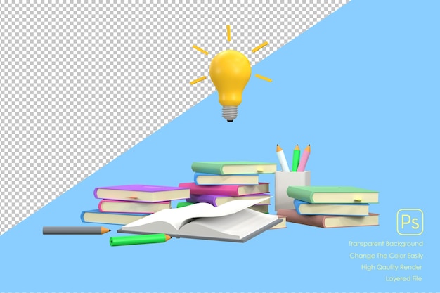 3D Una pila di libri matite che imparano indica una storia educativa e rappresenta una lampadina