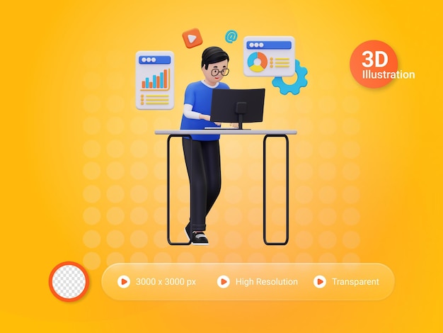 3d uomo che fa analisi in linea illustrazione