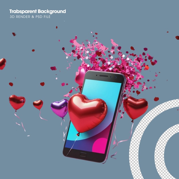 PSD 3d-valentine auf mobiltelefon render plastiken konfetti auf smartphone elemente in herzballons.