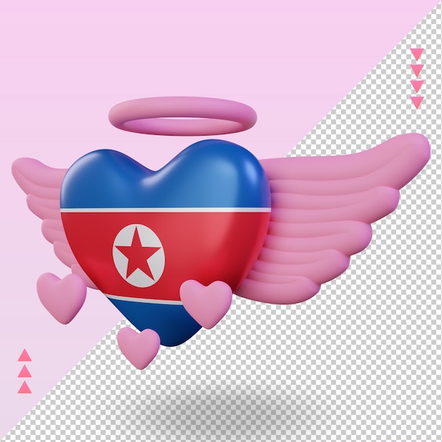 3d-valentinsgrußliebe nordkorea-flagge, die rechte ansicht rendert