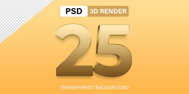 3d Veinticinco Número 25 color dorado aislado sobre un fondo transparente