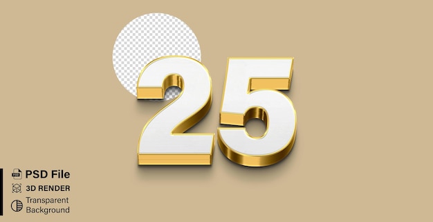 3d Veinticinco Número 25 color dorado y blanco aislado sobre un fondo transparente