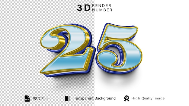 3d Veinticinco Número 25 color de luz azul aislado sobre un fondo transparente