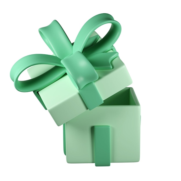 3d verde abierto icono de caja de regalo de navidad con lazo de cinta pastel transparente render moderno icono realista de vacaciones para presente cumpleaños o banner de boda