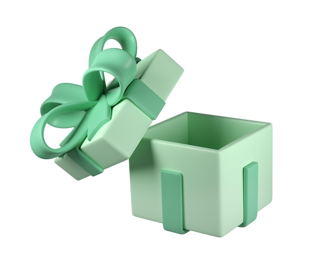 3d, vert, ouvert, boîte cadeau noël, icône, à, pastel, ruban, arc, transparent, rendre, moderne, vacances