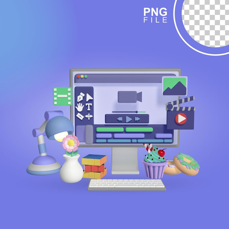 PSD 3d video editor pc configuración icon una pantalla de computadora con un fondo azul con una página web en él