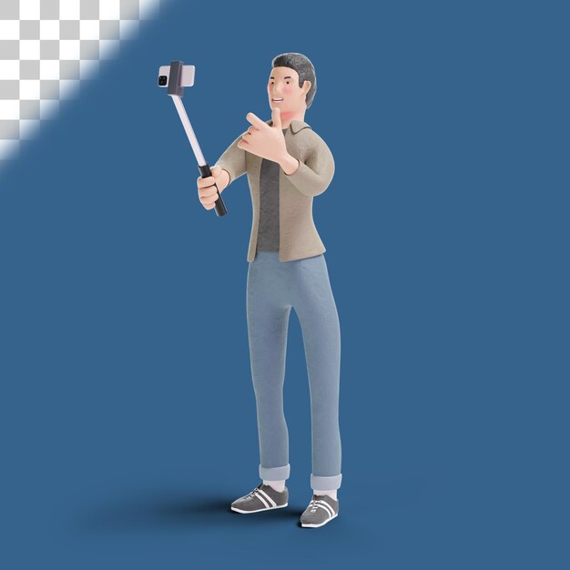 3d videoanruf junger mann mit selfie-stick