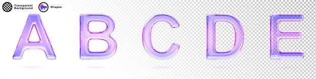 3d vidrio holográfico líquido fuente transparente de letras del alfabeto a b c d e tipo inglés iridescente texto de cristal aislado con textura de gradiente rosa púrpura conjunto de renderización realista