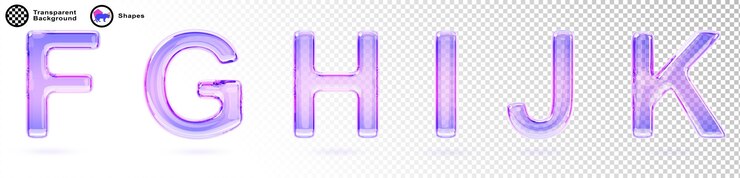 PSD 3d vidro holográfico líquido fonte transparente de letras do alfabeto f g h i j k tipo inglês irisado texto de cristal isolado com textura de gradiente rosa roxo conjunto de renderização realista